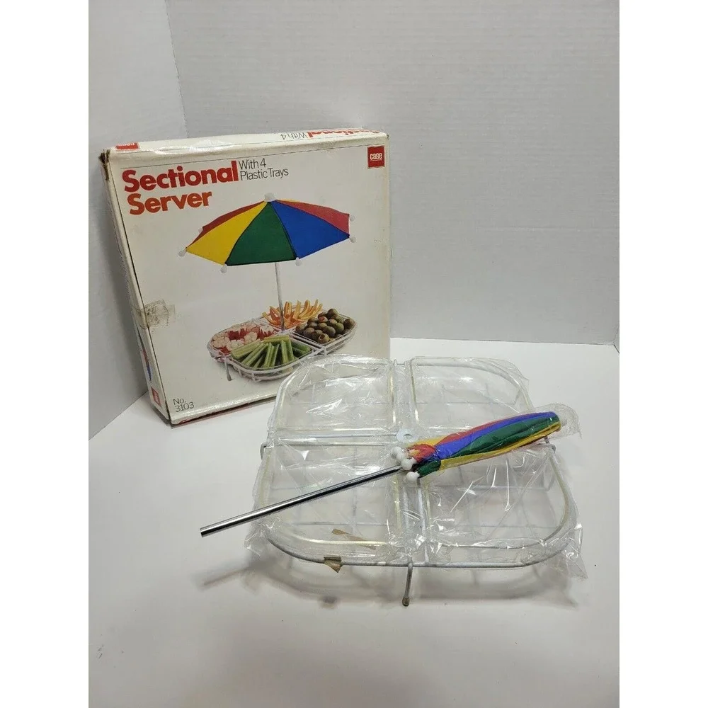 1984 Vintage Fruit Vegetable Chip Dip Condiment Sectional Server Set w Umbrella